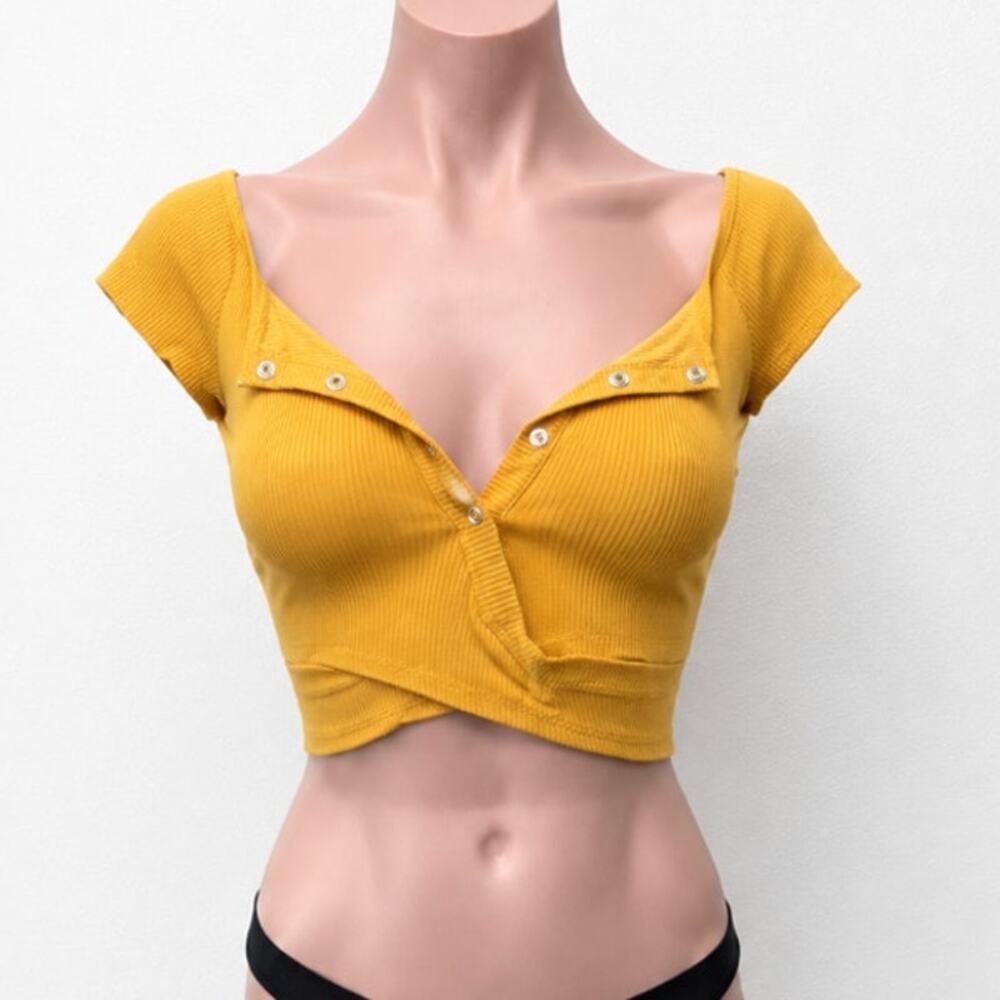 Mustard Yellow Take It Or Leave It Off Shoulder Crop Snap Button Ribbed Top XS
